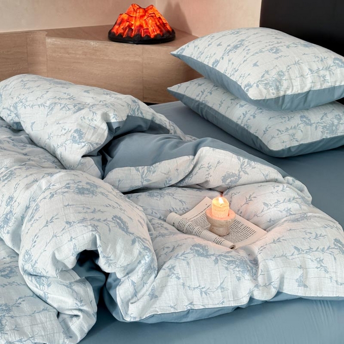 91家纺网 家纺一手货源 找家纺 ab家纺 2026新款全棉纯棉三层纱提花四件套 茵荔-浅蓝