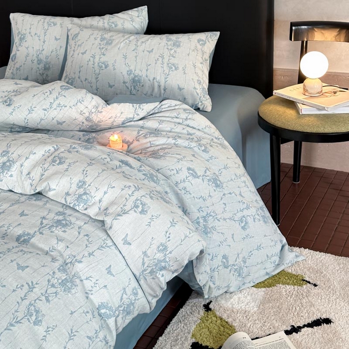 91家纺网 家纺一手货源 找家纺 ab家纺 2026新款全棉纯棉三层纱提花四件套 茵荔-浅蓝