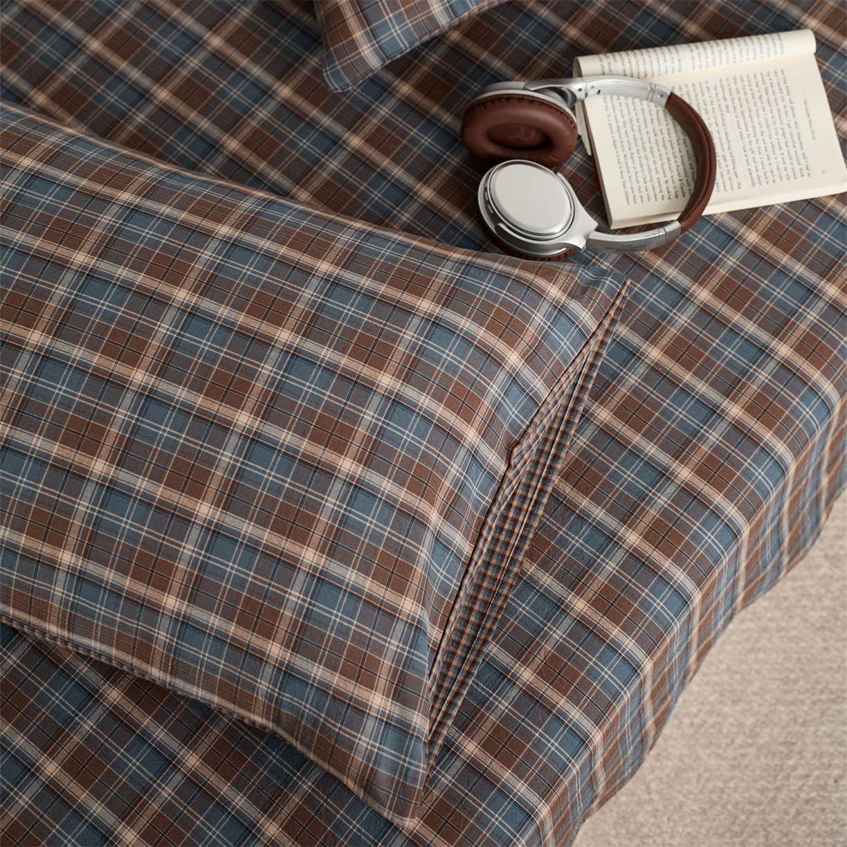 91家纺网 家纺一手货源 找家纺 启程家纺 2026新款纯棉水洗棉复古大格系列多规格纯棉枕套 苏格兰蓝大格