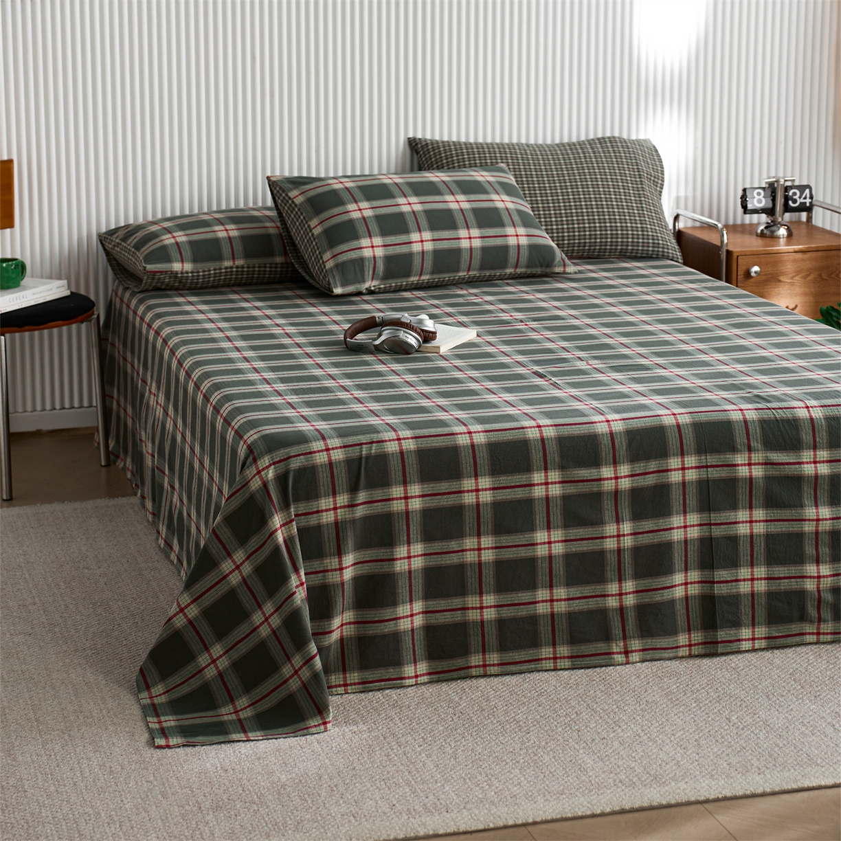 91家纺网 家纺一手货源 找家纺 启程家纺 2026新款纯棉水洗棉复古大格系列多规格纯棉枕套 摩登大绿