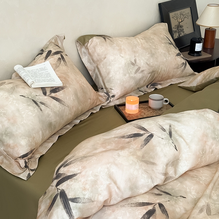 91家纺网 家纺一手货源 找家纺 Mr.pig猪先生水洗棉 2025新款保暖舒适羊毛印花工艺四件套 棕-竹叶