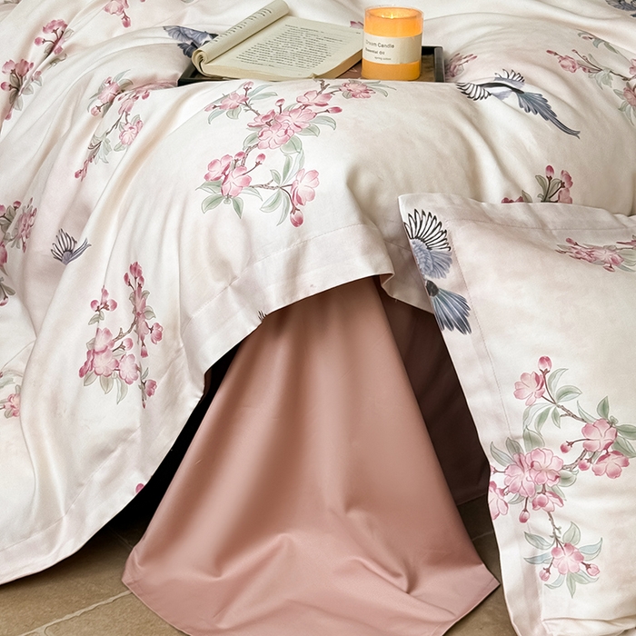 91家纺网 家纺一手货源 找家纺 Mr.pig猪先生水洗棉 2025新款羊毛印花工艺宽边四件套 棠鹊鸣春-宽边