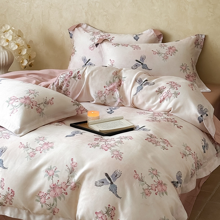 91家纺网 家纺一手货源 找家纺 Mr.pig猪先生水洗棉 2025新款羊毛印花工艺宽边四件套 棠鹊鸣春-宽边