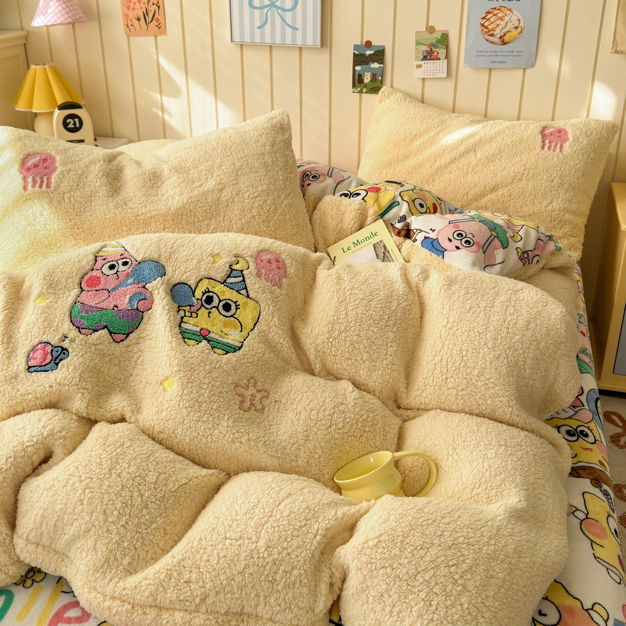 91家纺网 家纺一手货源 找家纺 一霖家纺 2025新款高克重羊羔毛毛巾绣四件套 吹泡泡的海宝黄