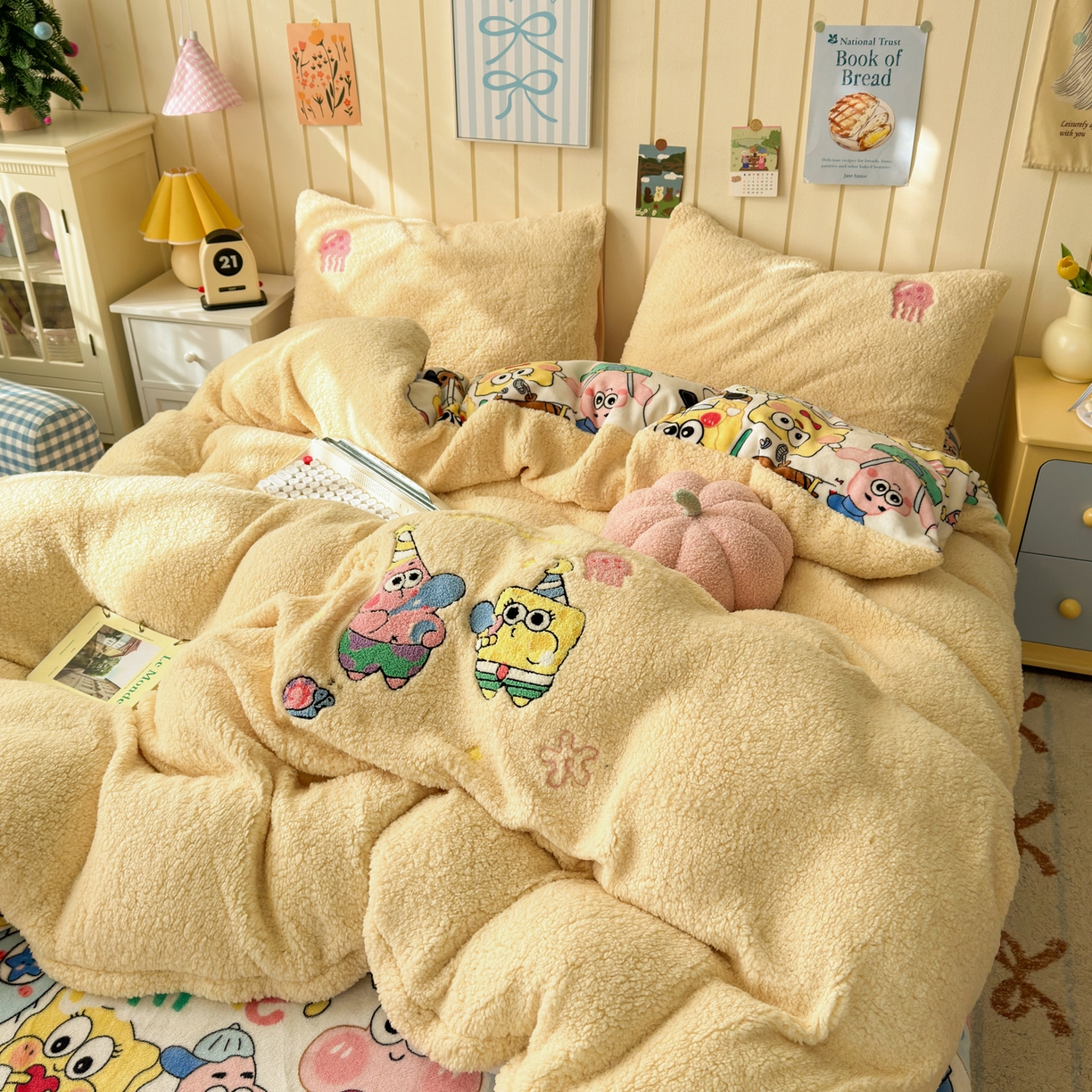 91家纺网 家纺一手货源 找家纺 一霖家纺 2025新款高克重羊羔毛毛巾绣四件套 吹泡泡的海宝黄