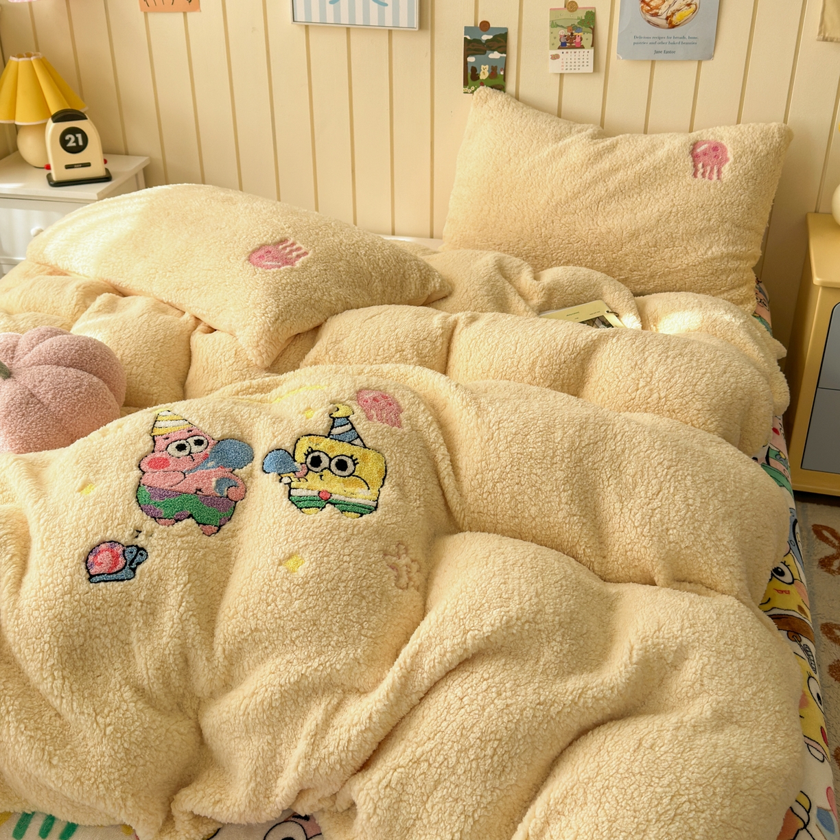 91家纺网 家纺一手货源 找家纺 一霖家纺 2025新款高克重羊羔毛毛巾绣四件套 吹泡泡的海宝黄