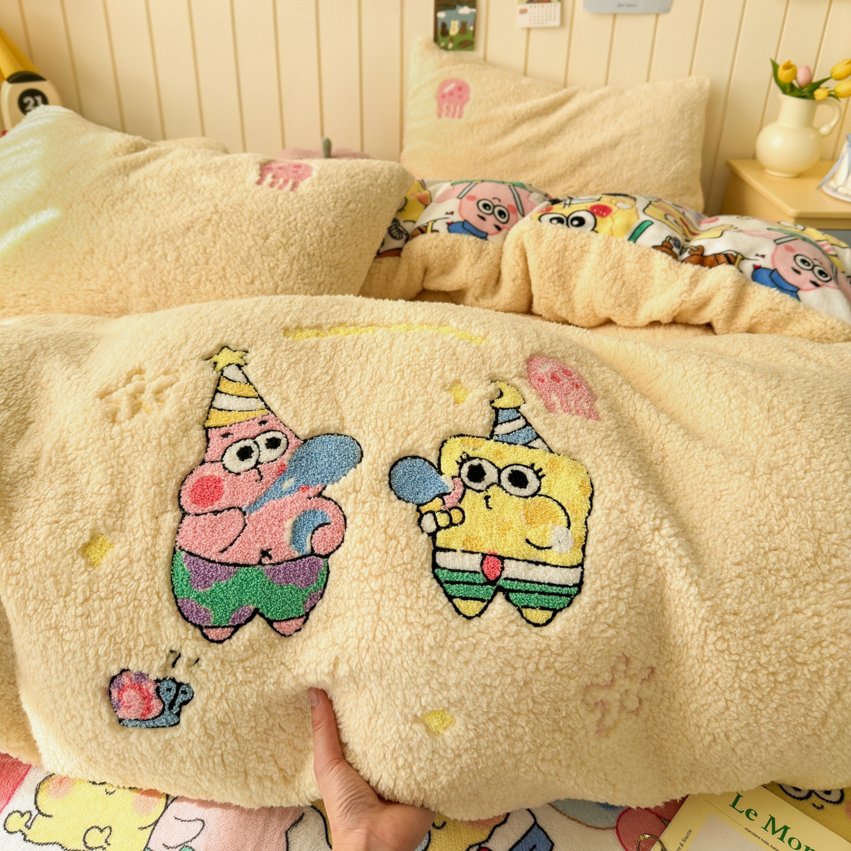 91家纺网 家纺一手货源 找家纺 一霖家纺 2025新款高克重羊羔毛毛巾绣四件套 吹泡泡的海宝黄