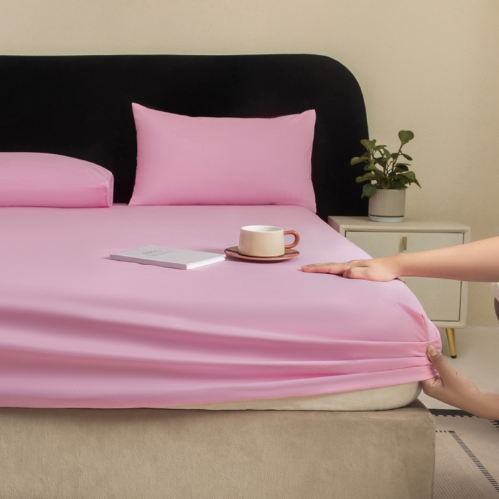 91家纺网 家纺一手货源 找家纺 三悦四季 2026新款纯色亲肤磨毛防水床笠跨境直播爆款床笠三件套外贸可定制任意尺寸 粉色