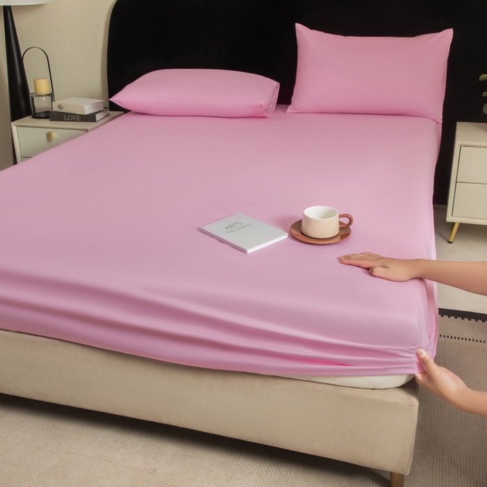 91家纺网 家纺一手货源 找家纺 三悦四季 2026新款纯色亲肤磨毛防水床笠跨境直播爆款床笠三件套外贸可定制任意尺寸 粉色