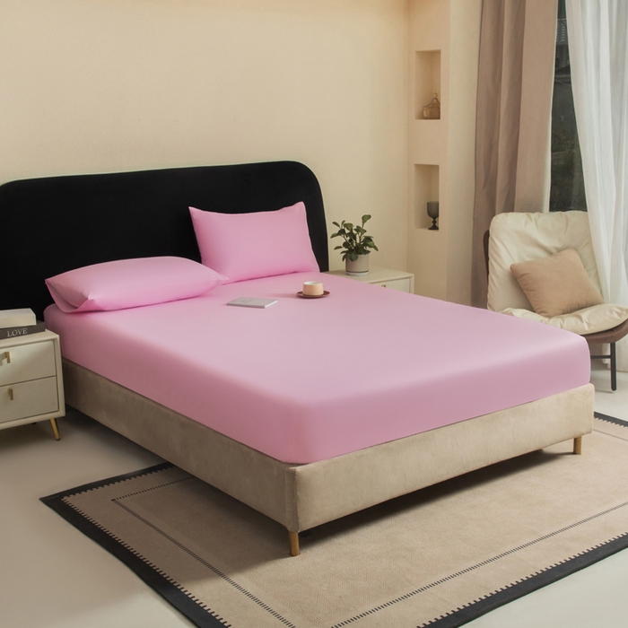 91家纺网 家纺一手货源 找家纺 三悦四季 2026新款纯色亲肤磨毛防水床笠跨境直播爆款床笠三件套外贸可定制任意尺寸 粉色