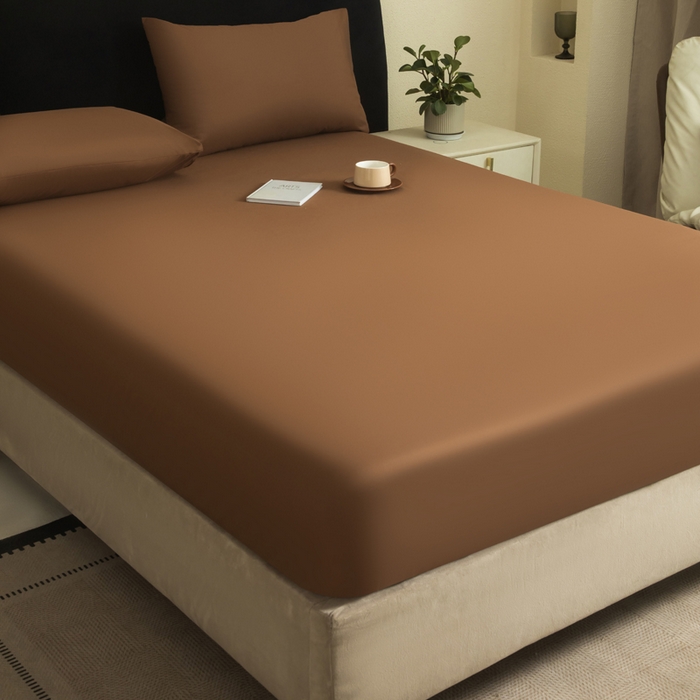 91家纺网 家纺一手货源 找家纺 三悦四季 2026新款纯色亲肤磨毛防水床笠跨境直播爆款床笠三件套外贸可定制任意尺寸 咖色