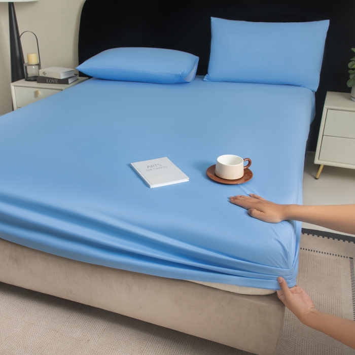 91家纺网 家纺一手货源 找家纺 三悦四季 2026新款纯色亲肤磨毛防水床笠跨境直播爆款床笠三件套外贸可定制任意尺寸 天蓝