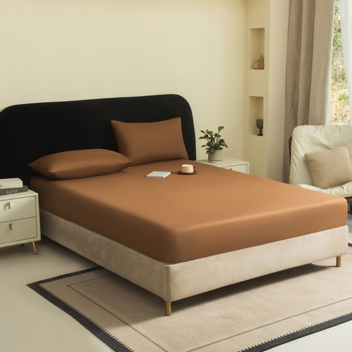 91家纺网 家纺一手货源 找家纺 三悦四季 2026新款纯色亲肤磨毛防水床笠跨境直播爆款床笠三件套外贸可定制任意尺寸 咖色