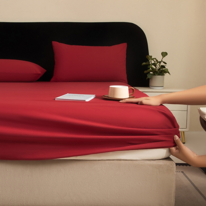 91家纺网 家纺一手货源 找家纺 三悦四季 2026新款纯色亲肤磨毛防水床笠跨境直播爆款床笠三件套外贸可定制任意尺寸 酒红