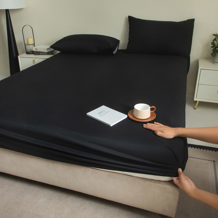 91家纺网 家纺一手货源 找家纺 三悦四季 2026新款纯色亲肤磨毛防水床笠跨境直播爆款床笠三件套外贸可定制任意尺寸 黑色