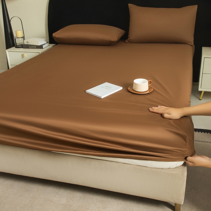 91家纺网 家纺一手货源 找家纺 三悦四季 2026新款纯色亲肤磨毛防水床笠跨境直播爆款床笠三件套外贸可定制任意尺寸 咖色