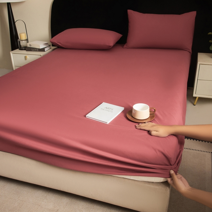 91家纺网 家纺一手货源 找家纺 三悦四季 2026新款纯色亲肤磨毛防水床笠跨境直播爆款床笠三件套外贸可定制任意尺寸 豆沙