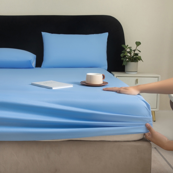 91家纺网 家纺一手货源 找家纺 三悦四季 2026新款纯色亲肤磨毛防水床笠跨境直播爆款床笠三件套外贸可定制任意尺寸 天蓝