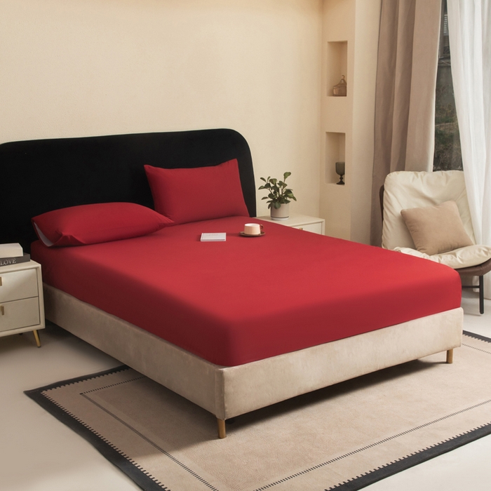 91家纺网 家纺一手货源 找家纺 三悦四季 2026新款纯色亲肤磨毛防水床笠跨境直播爆款床笠三件套外贸可定制任意尺寸 酒红