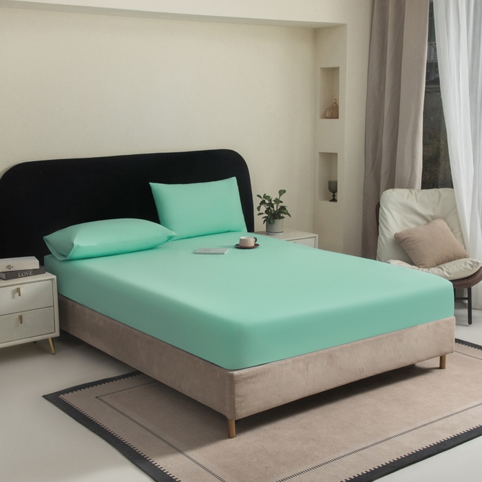 91家纺网 家纺一手货源 找家纺 三悦四季 2026新款纯色亲肤磨毛防水床笠跨境直播爆款床笠三件套外贸可定制任意尺寸 水绿