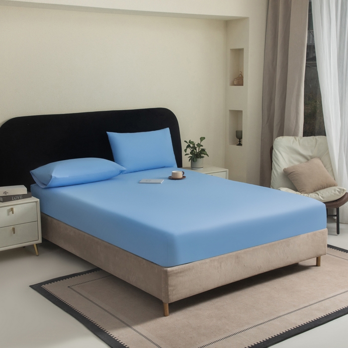 91家纺网 家纺一手货源 找家纺 三悦四季 2026新款纯色亲肤磨毛防水床笠跨境直播爆款床笠三件套外贸可定制任意尺寸 天蓝