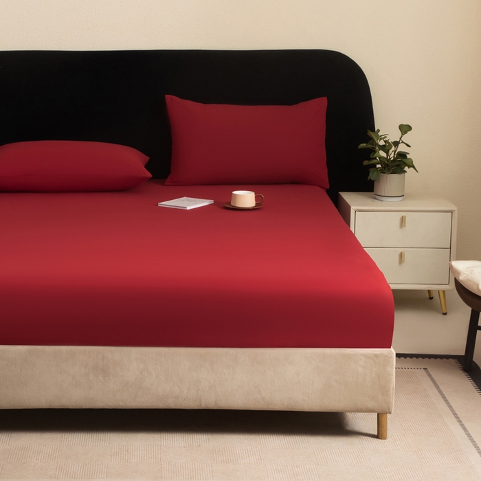 91家纺网 家纺一手货源 找家纺 三悦四季 2026新款纯色亲肤磨毛防水床笠跨境直播爆款床笠三件套外贸可定制任意尺寸 酒红