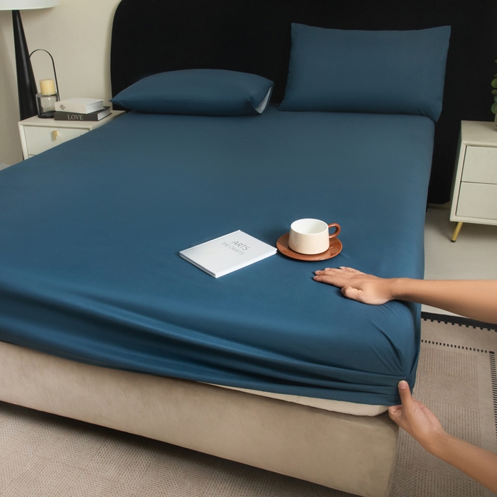 91家纺网 家纺一手货源 找家纺 三悦四季 2026新款纯色亲肤磨毛防水床笠跨境直播爆款床笠三件套外贸可定制任意尺寸 雾霾蓝