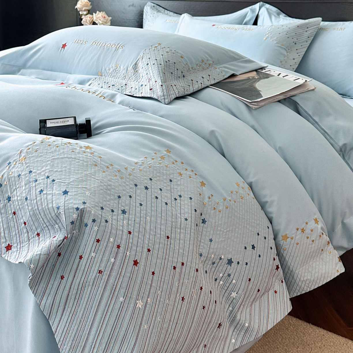 91家纺网 家纺一手货源 找家纺 苏源家居 2026新款轻奢风刺绣亲肤棉磨毛四件套 璀璨-天空蓝