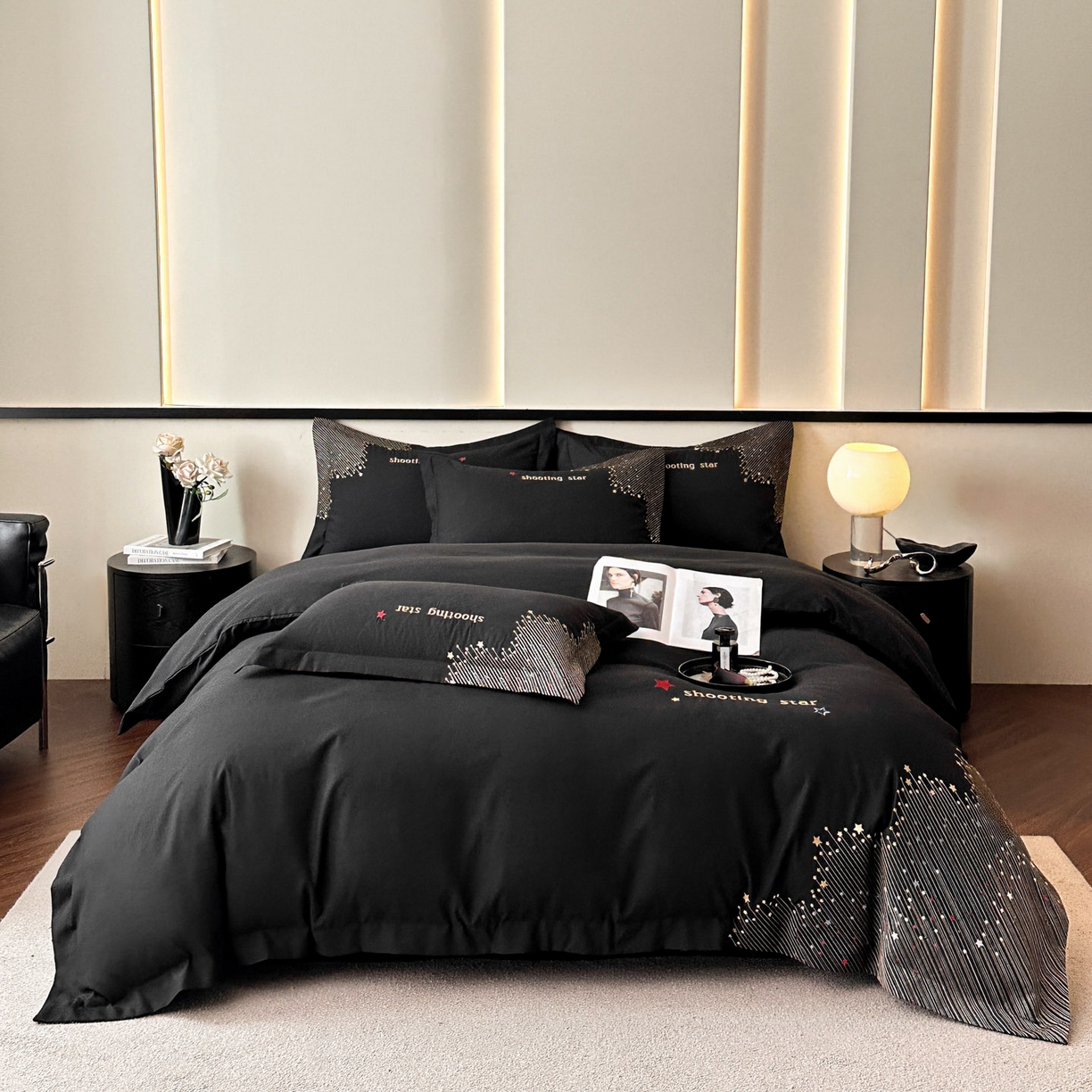 91家纺网 家纺一手货源 找家纺 苏源家居 2026新款轻奢风刺绣亲肤棉磨毛四件套 璀璨-曜石黑