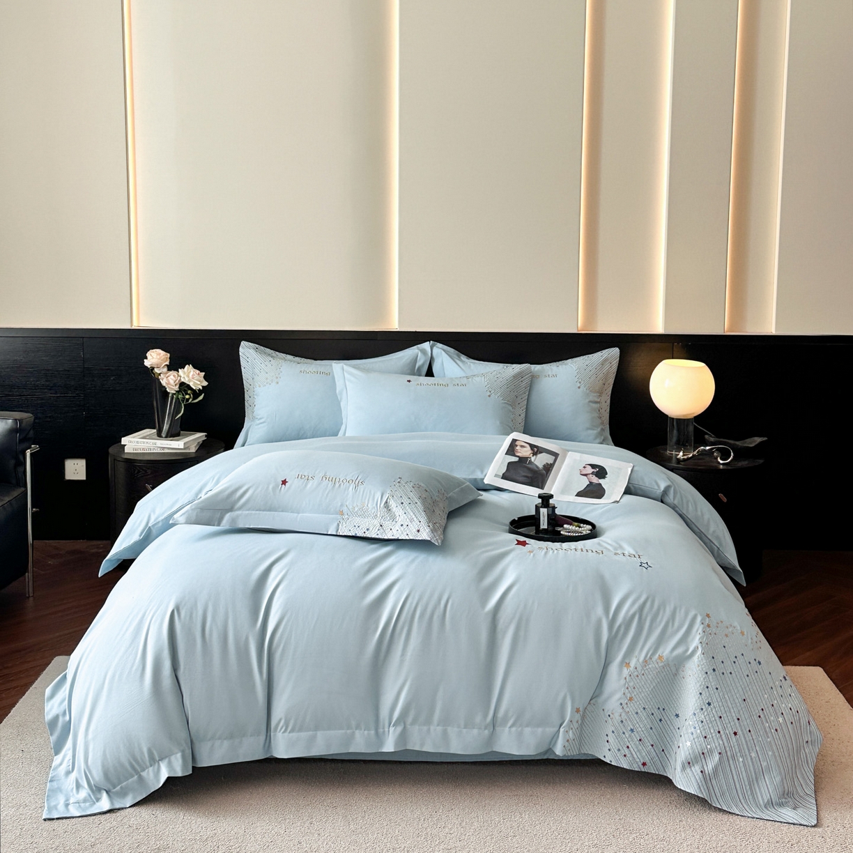 91家纺网 家纺一手货源 找家纺 苏源家居 2026新款轻奢风刺绣亲肤棉磨毛四件套 璀璨-天空蓝