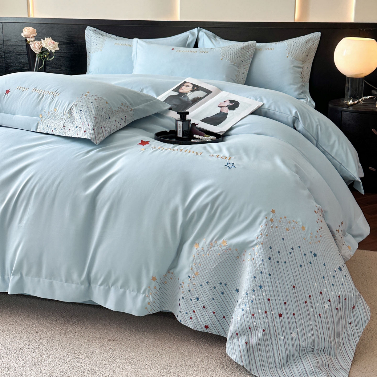 91家纺网 家纺一手货源 找家纺 苏源家居 2026新款轻奢风刺绣亲肤棉磨毛四件套 璀璨-天空蓝