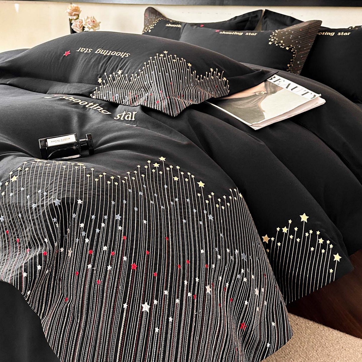 91家纺网 家纺一手货源 找家纺 苏源家居 2026新款轻奢风刺绣亲肤棉磨毛四件套 璀璨-曜石黑