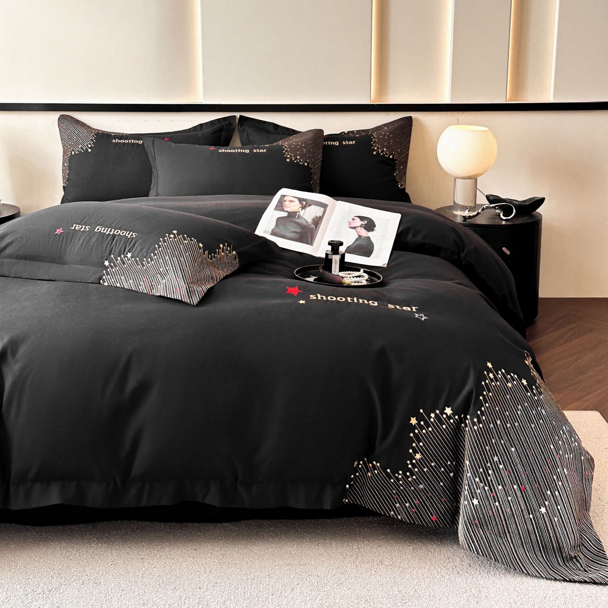 91家纺网 家纺一手货源 找家纺 苏源家居 2026新款轻奢风刺绣亲肤棉磨毛四件套 璀璨-曜石黑