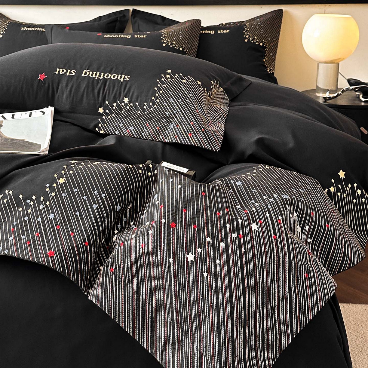 苏源家居 2026新款轻奢风刺绣亲肤棉磨毛四件套 璀璨-曜石黑