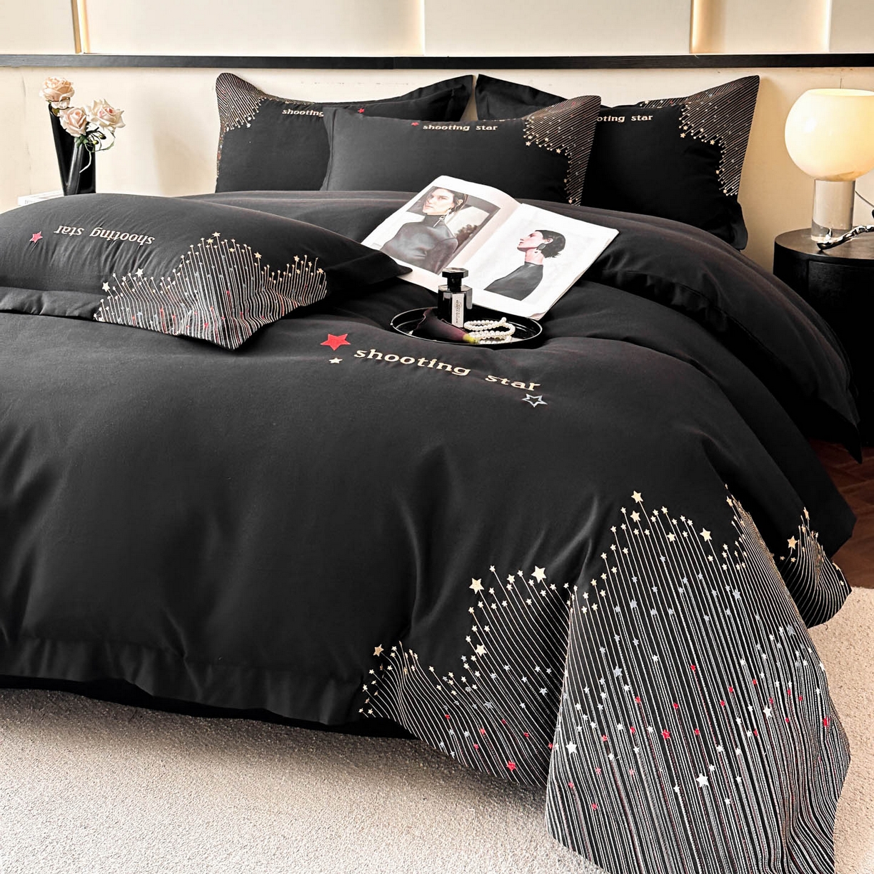 91家纺网 家纺一手货源 找家纺 苏源家居 2026新款轻奢风刺绣亲肤棉磨毛四件套 璀璨-曜石黑