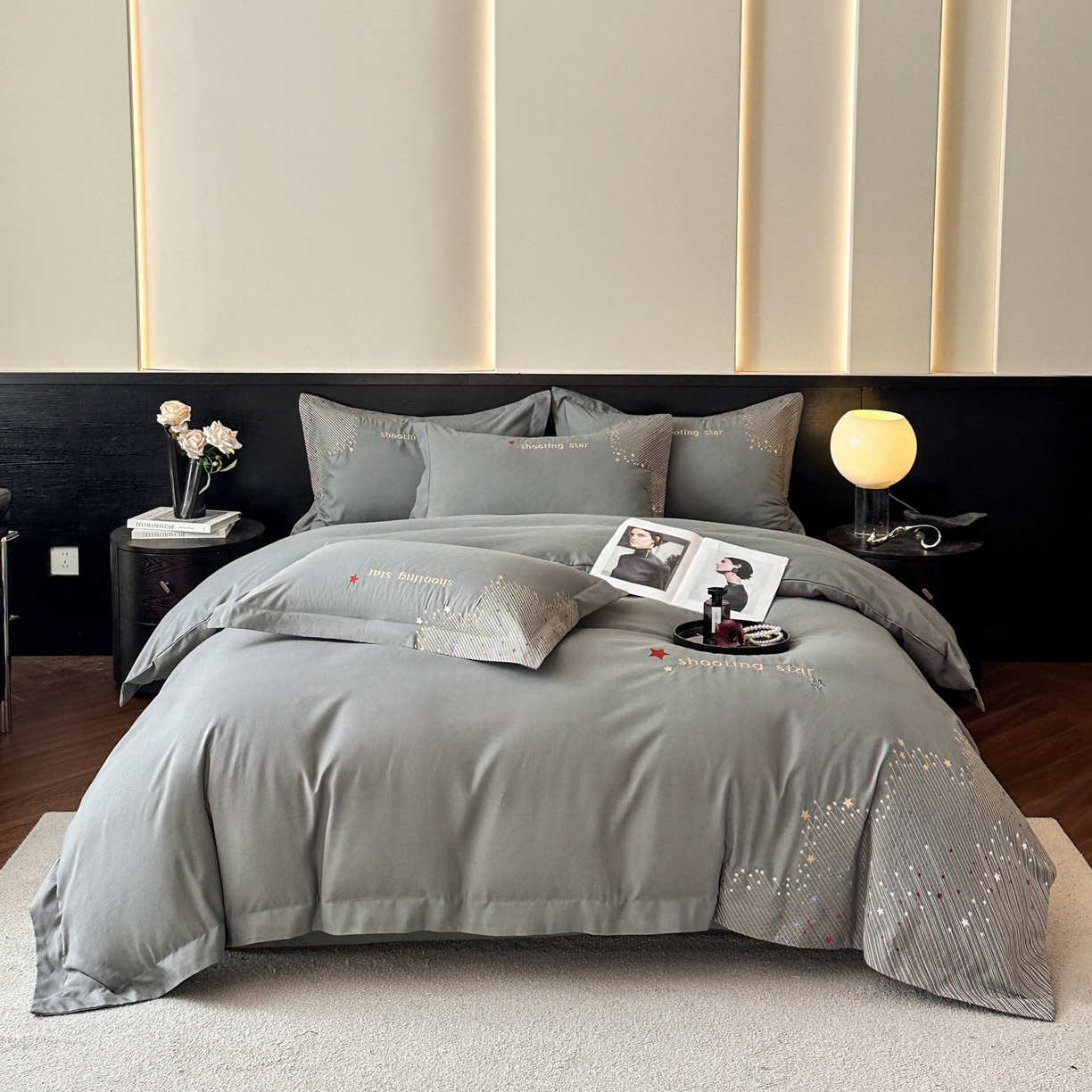 91家纺网 家纺一手货源 找家纺 苏源家居 2026新款轻奢风刺绣亲肤棉磨毛四件套 璀璨-高级灰