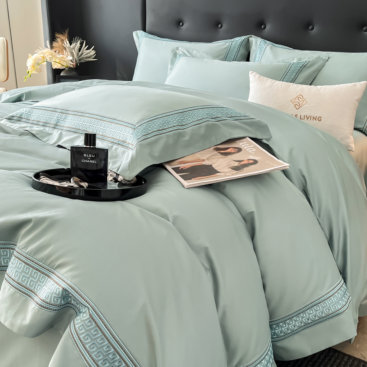 91家纺网 家纺一手货源 找家纺 置顶家纺 2025新款简希亲肤重工刺绣系列四件套 简希-樊星蓝