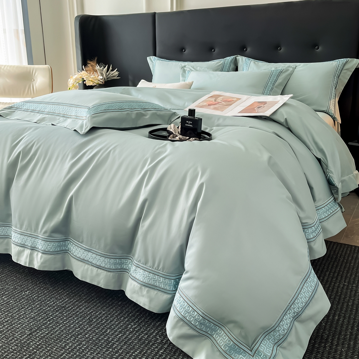 91家纺网 家纺一手货源 找家纺 置顶家纺 2025新款简希亲肤重工刺绣系列四件套 简希-樊星蓝