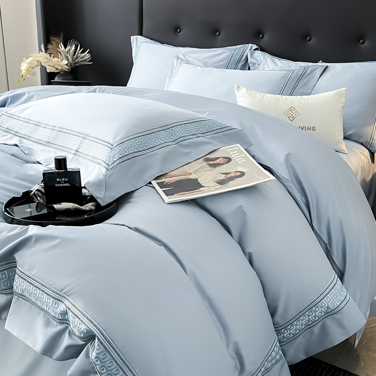 91家纺网 家纺一手货源 找家纺 置顶家纺 2025新款简希亲肤重工刺绣系列四件套 简希-天空蓝