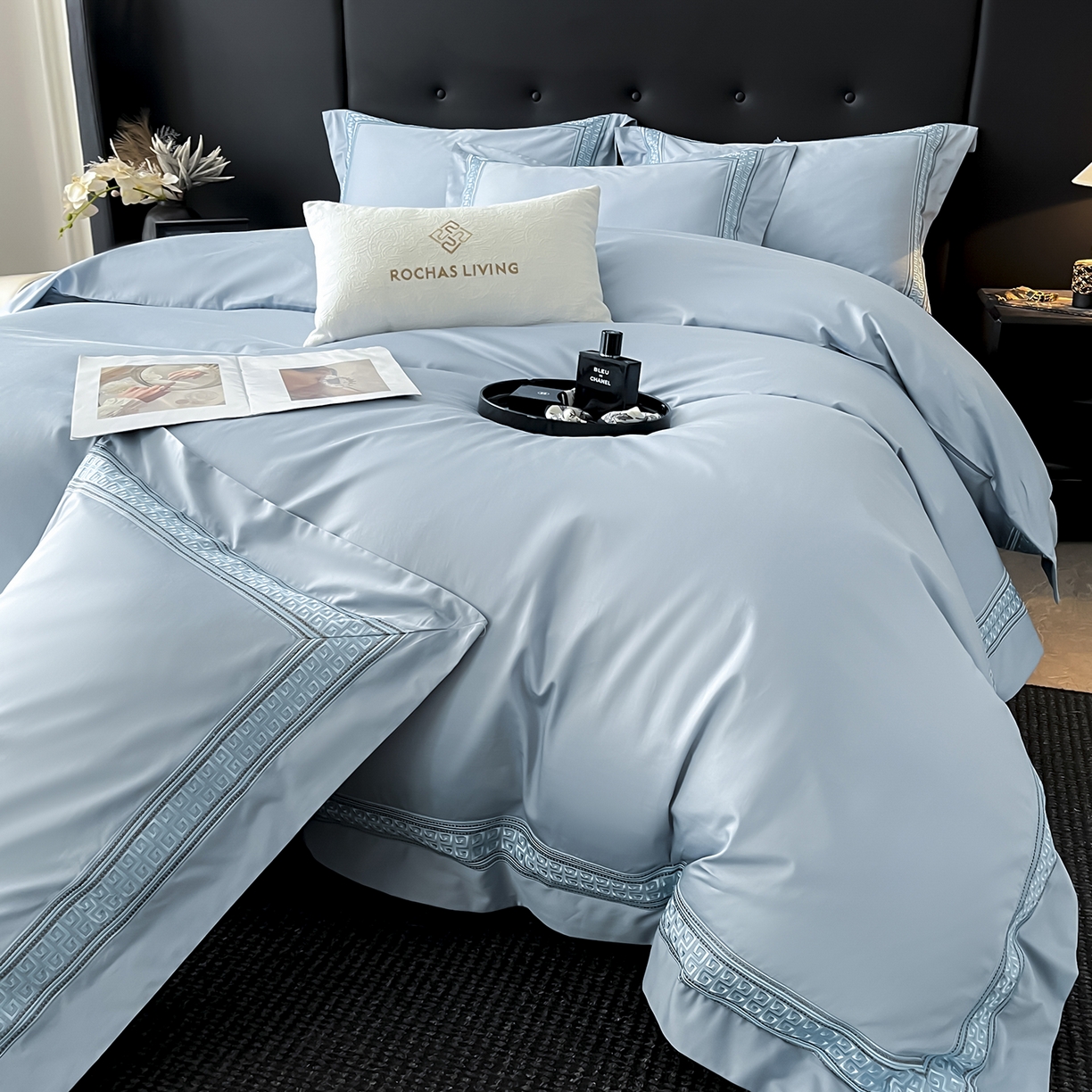 91家纺网 家纺一手货源 找家纺 置顶家纺 2025新款简希亲肤重工刺绣系列四件套 简希-天空蓝