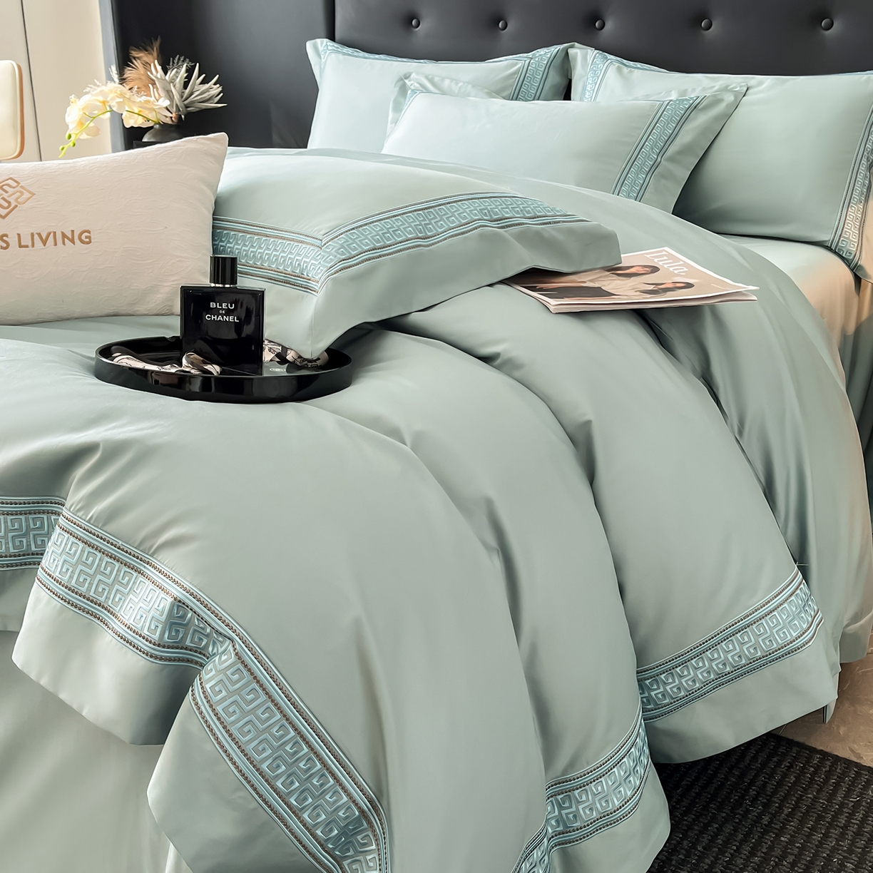 91家纺网 家纺一手货源 找家纺 置顶家纺 2025新款简希亲肤重工刺绣系列四件套 简希-樊星蓝