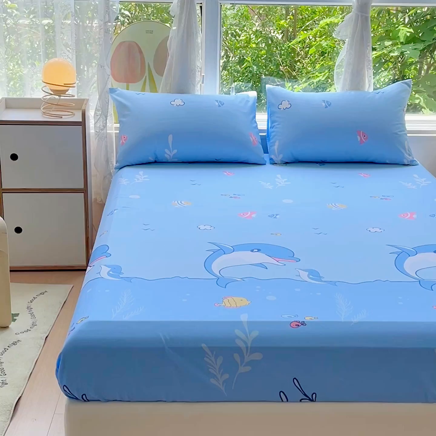 91家纺网 家纺一手货源 找家纺 金鑫汇家纺 2026新款13070全棉单品套件系列-成人床：A版单床笠 海洋世界