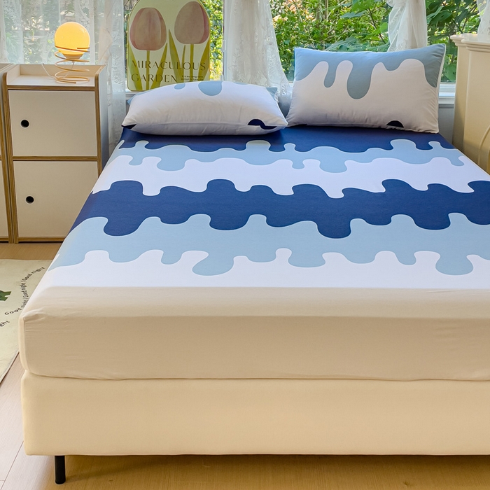 91家纺网 家纺一手货源 找家纺 金鑫汇家纺 2026新款13070全棉单品套件系列-成人床：A版单床笠 奶油蓝