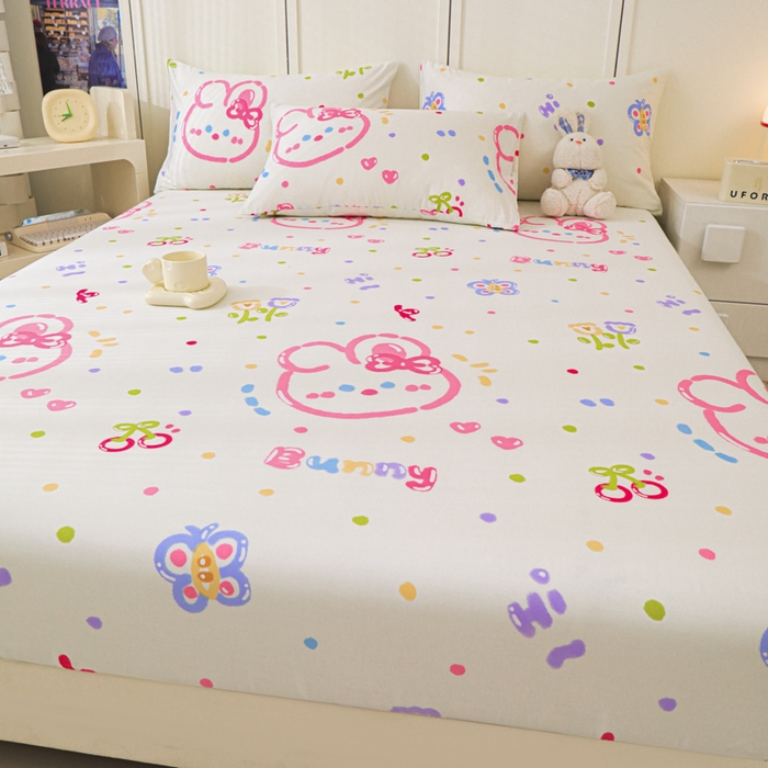 91家纺网 家纺一手货源 找家纺 金鑫汇家纺 2026新款13070全棉单品套件系列-成人床：A版单床笠 奇趣小兔