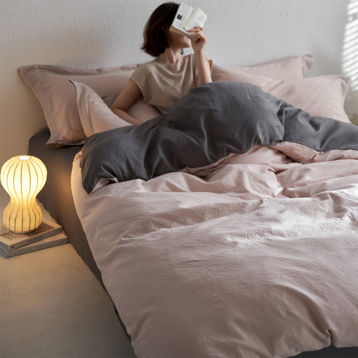 91家纺网 家纺一手货源 找家纺 笙意家纺 2025新款全棉A版棉麻B版13372四件套-云缦系列 云缦粉