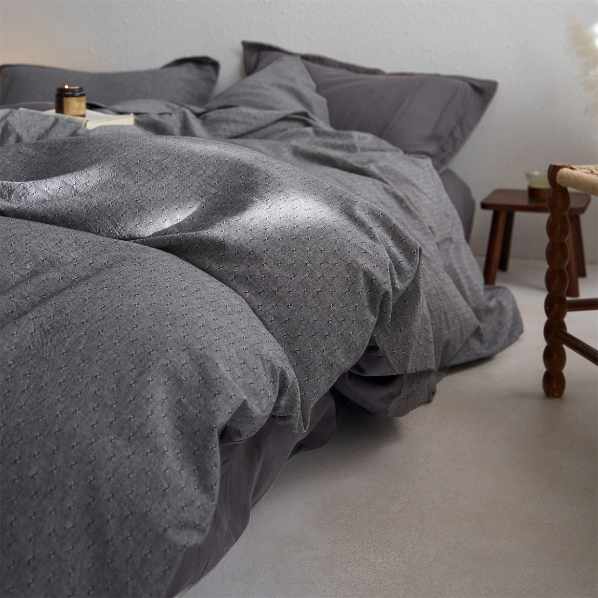 91家纺网 家纺一手货源 找家纺 笙意家纺 2025新款全棉A版棉麻B版13372四件套-云缦系列 云缦灰