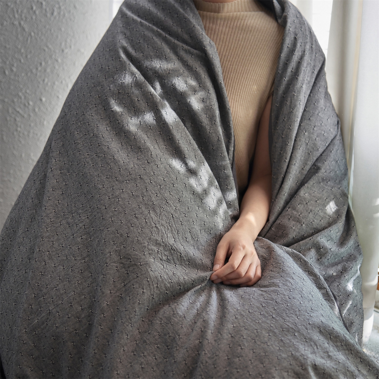 91家纺网 家纺一手货源 找家纺 笙意家纺 2025新款全棉A版棉麻B版13372四件套-云缦系列 云缦灰