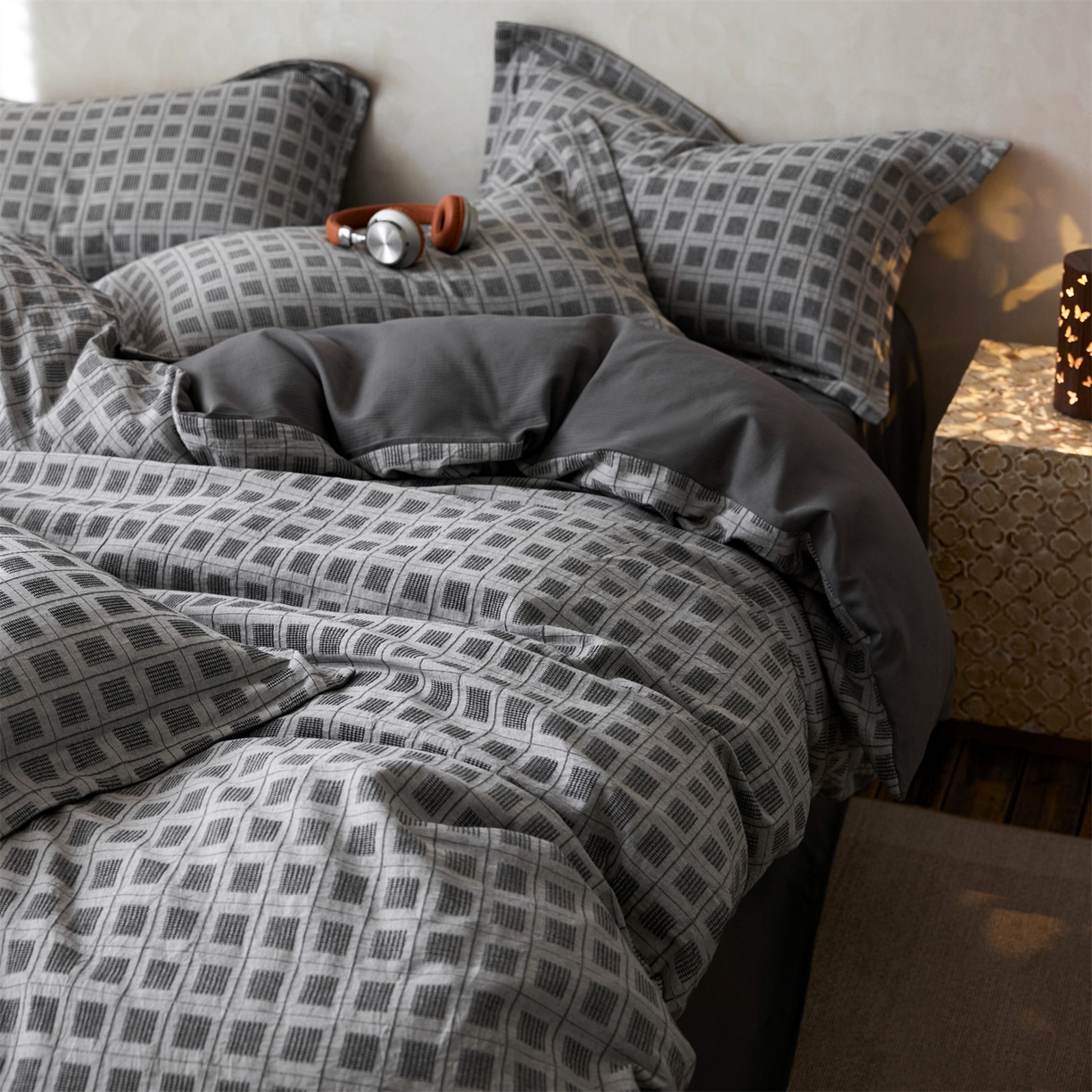 91家纺网 家纺一手货源 找家纺 笙意家纺 2025新款全棉A版棉麻提花B版13372四件套-乔屿系列 乔屿蓝