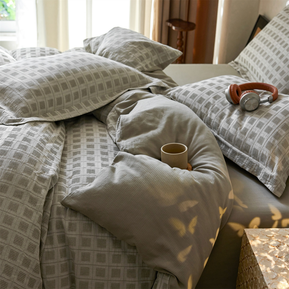 91家纺网 家纺一手货源 找家纺 笙意家纺 2025新款全棉A版棉麻提花B版13372四件套-乔屿系列 乔屿绿