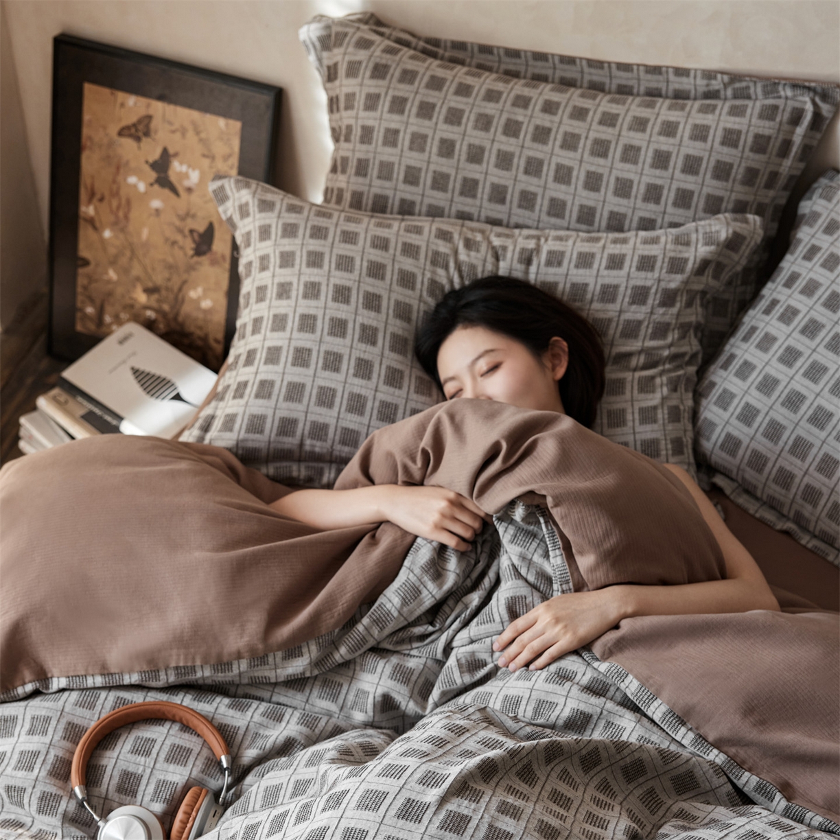 91家纺网 家纺一手货源 找家纺 笙意家纺 2025新款全棉A版棉麻提花B版13372四件套-乔屿系列 乔屿棕